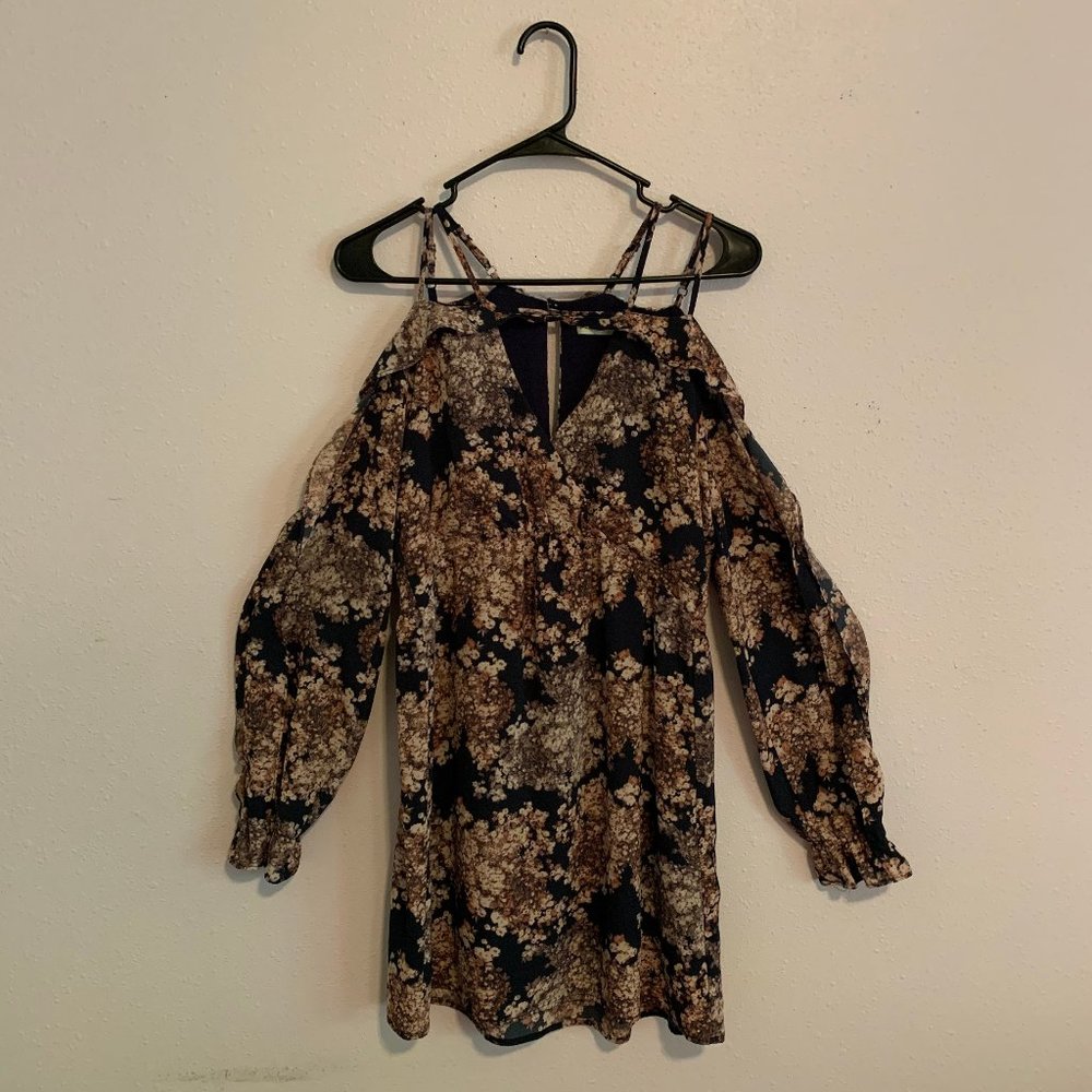 V-Neck Long Sleeve Flower Print Dress